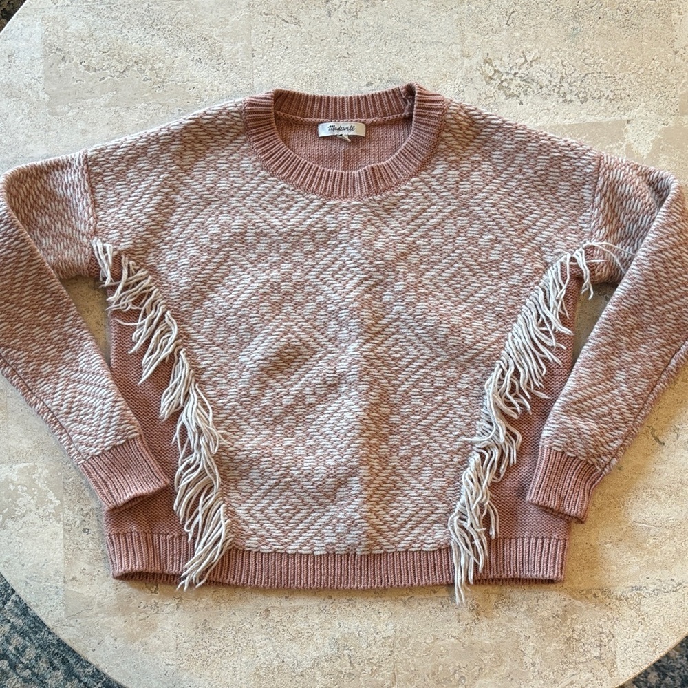Madewell Pink‎ and Cream boho Sweater with Fringe